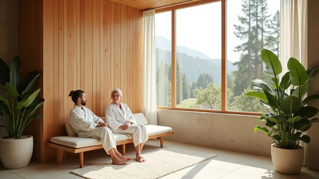 Two people in robes relaxing and talking in the Nuvania lounge in Boulder